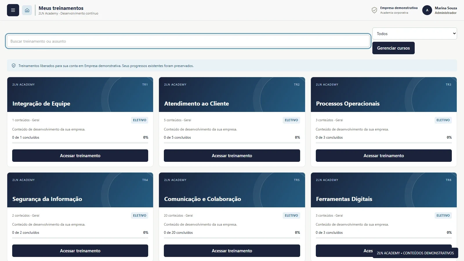 Interface atual do 2LN Academy: catálogo de treinamentos, busca e progresso, com dados preparados para demonstração