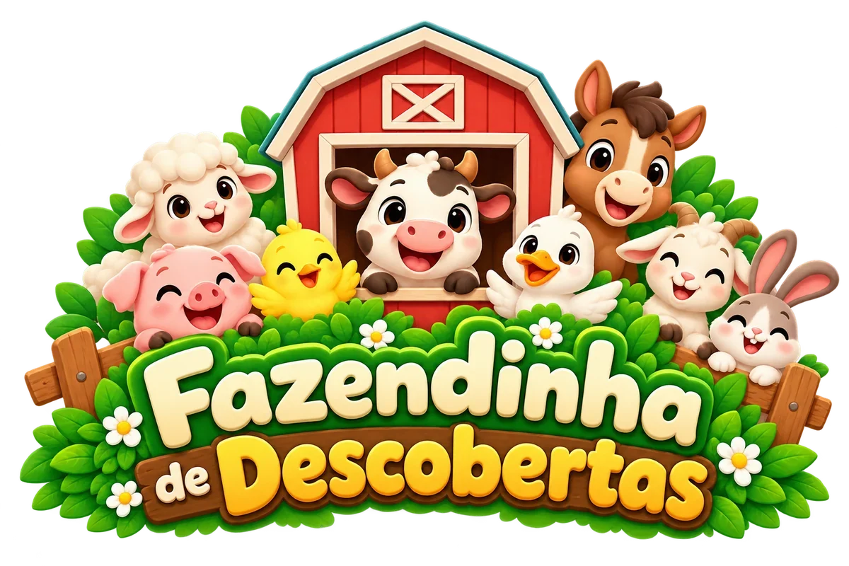 Logo da Fazendinha de Descobertas, com a vaca no celeiro e seus amigos