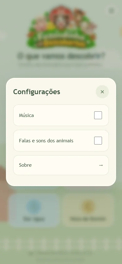 Configurações com música, falas e sons dos animais e botão Sobre