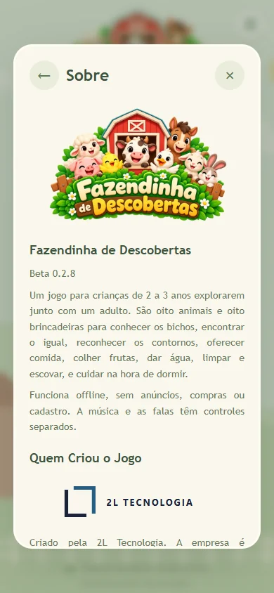 Tela Sobre com resumo do aplicativo, da empresa e créditos