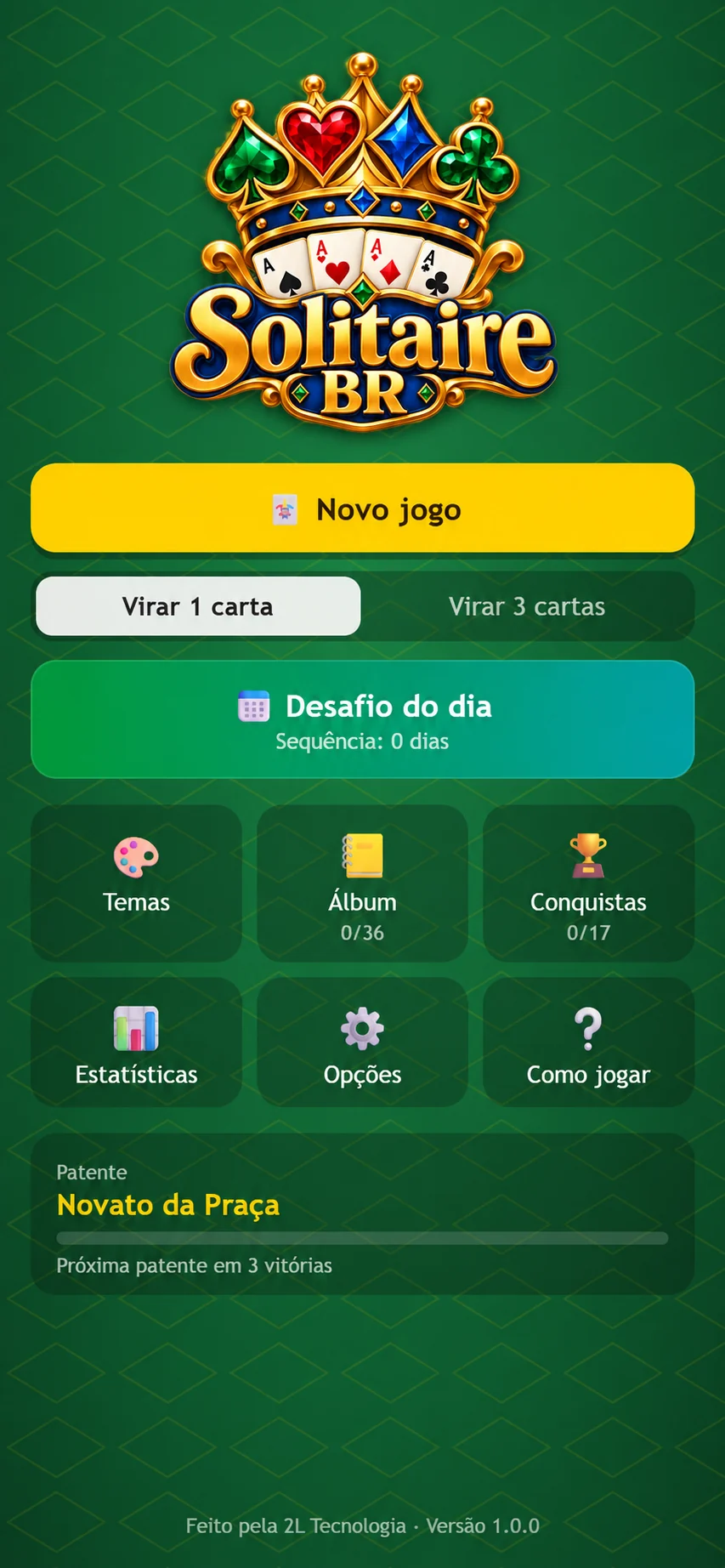 Menu principal — prévia com nome e logo atualizados do Solitaire BR